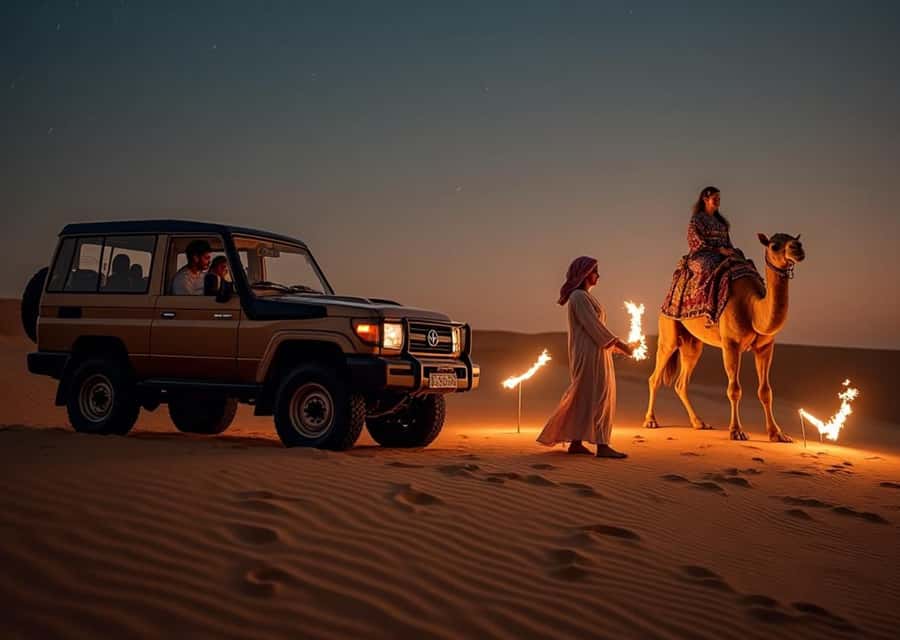 Doha: Nighttime Desert Safari with Dune Bashing & Camel Ride - Sealine Beach, camels, and the first desert stop